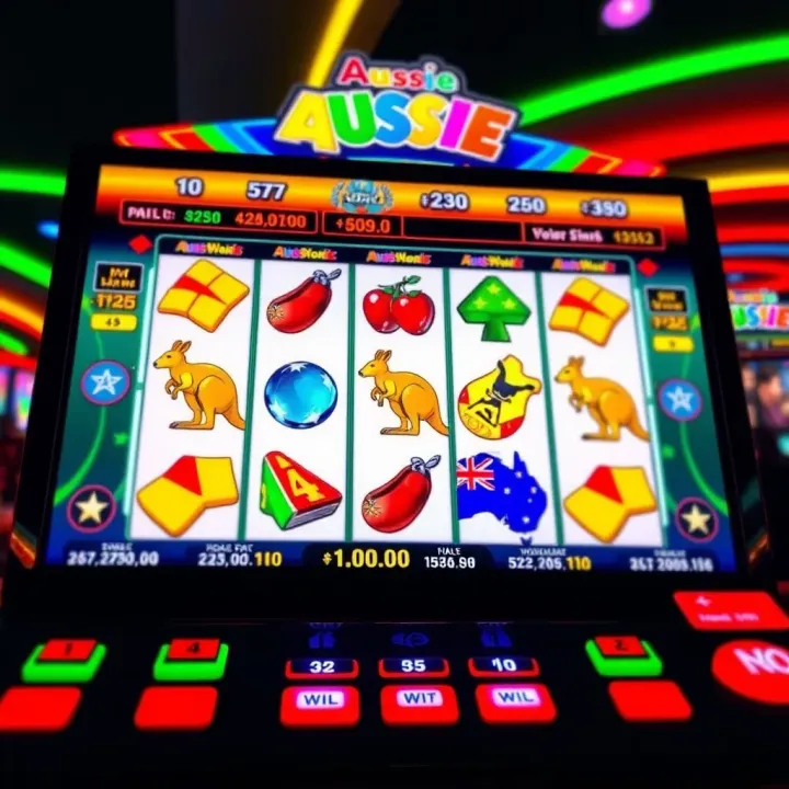 Colorful online pokies interface displaying reels with various Australian-themed symbols such as kangaroos and boomerangs