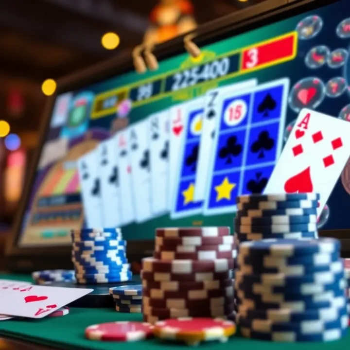 Colorful digital casino interface with cards and chips on a screen
