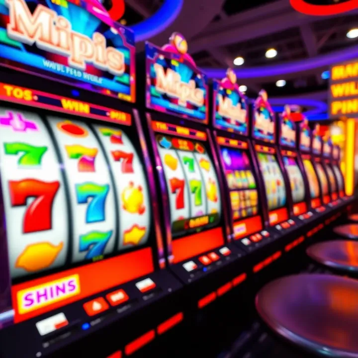 Colorful online pokies game screen with spinning reels and vibrant symbols