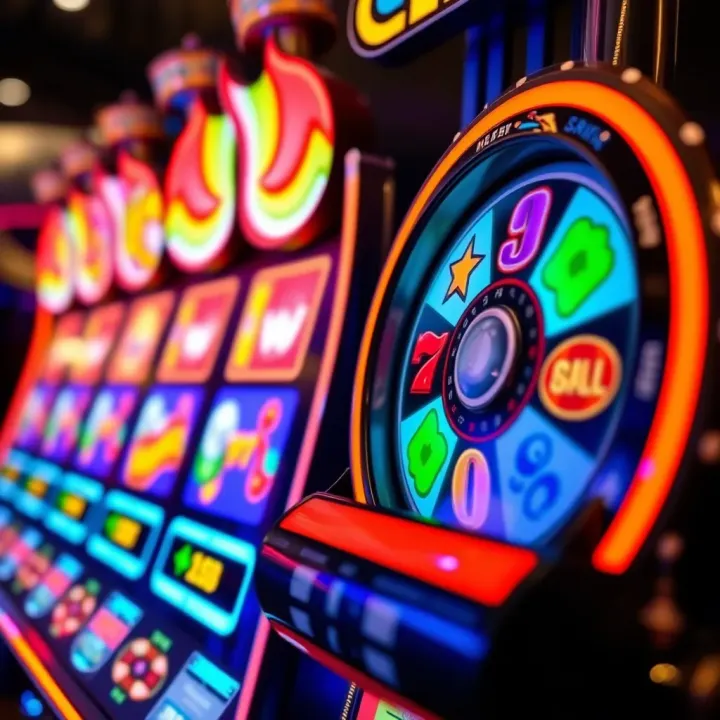 Colorful online pokies game screen showing various symbols and a spinning reel