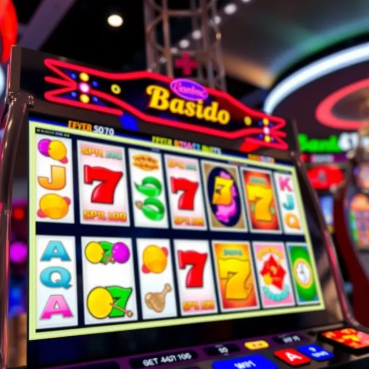 A vibrant digital slot machine screen displaying various colorful symbols spinning on reels, set against a casino-themed background