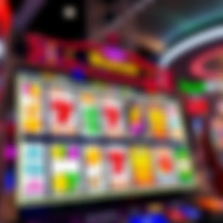 A vibrant digital slot machine screen displaying various colorful symbols spinning on reels, set against a casino-themed background