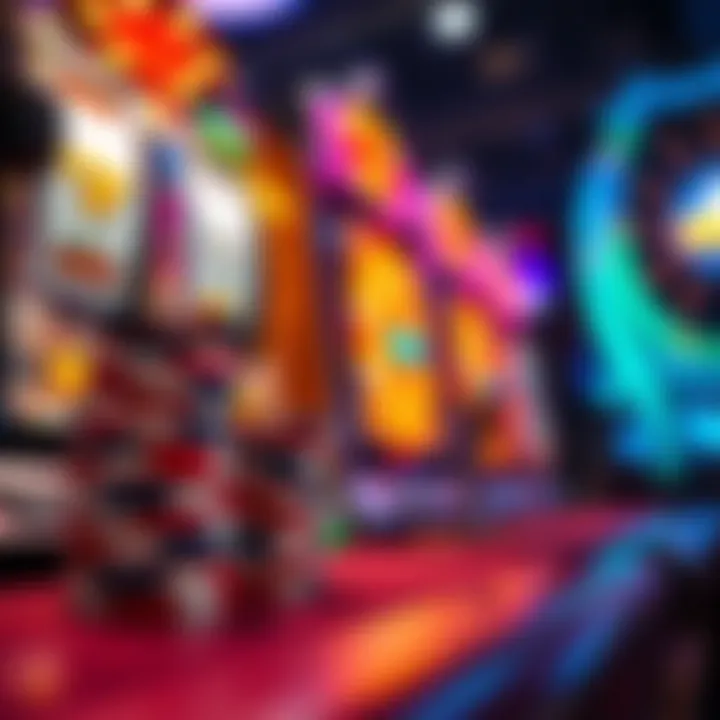 Colorful casino chips stacked beside a spinning slot machine reel