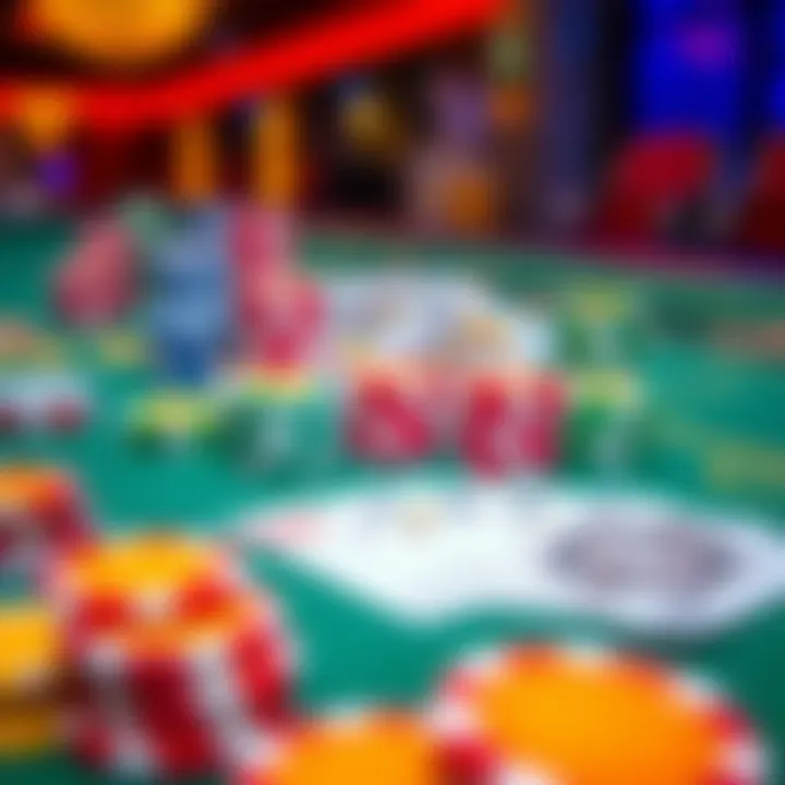 Colorful casino chips and playing cards arranged on a gaming table