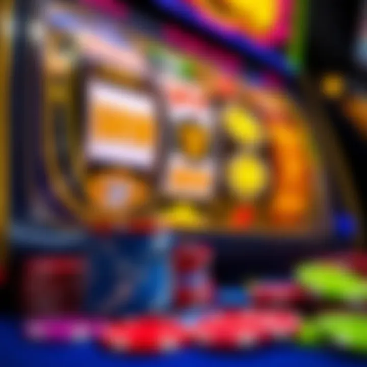 Colorful casino chips stacked beside a spinning slot machine reel showing jackpot symbols