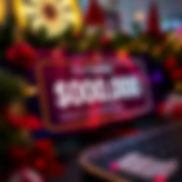 Graphic of a digital coupon code displayed on a screen with festive decorations around