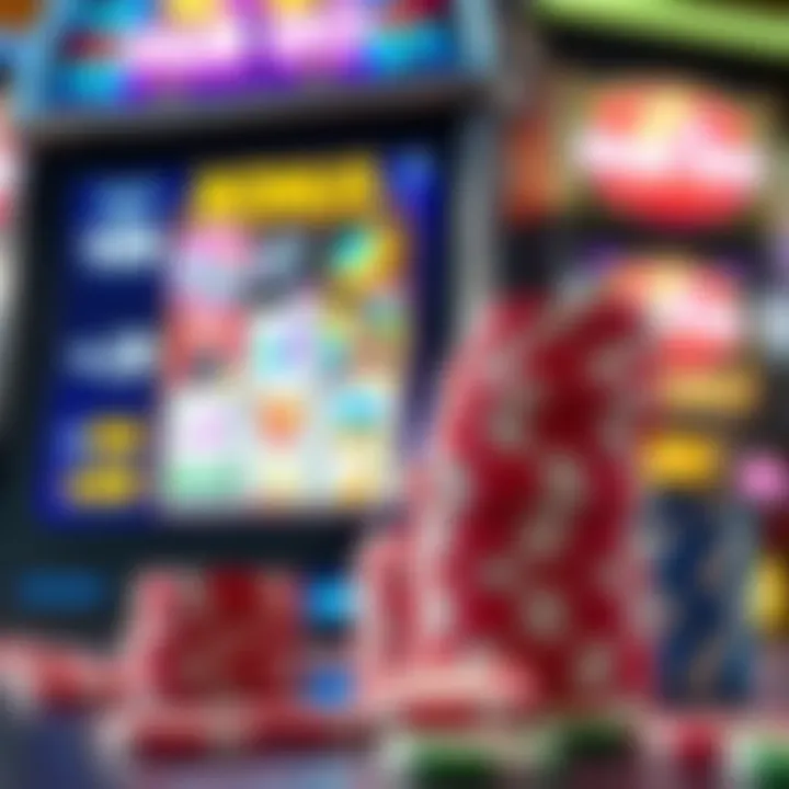 Colorful casino chips stacked next to a digital slot machine display showing bonus offers