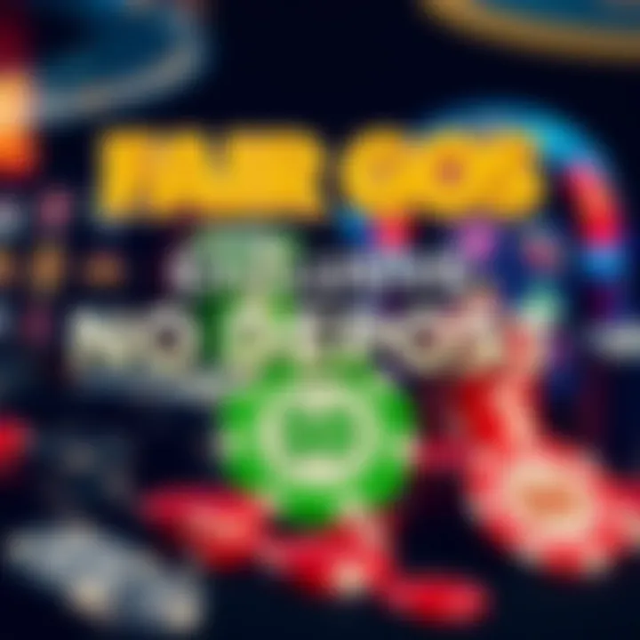 Graphic showing various casino chips and slot machine symbols representing no deposit bonuses