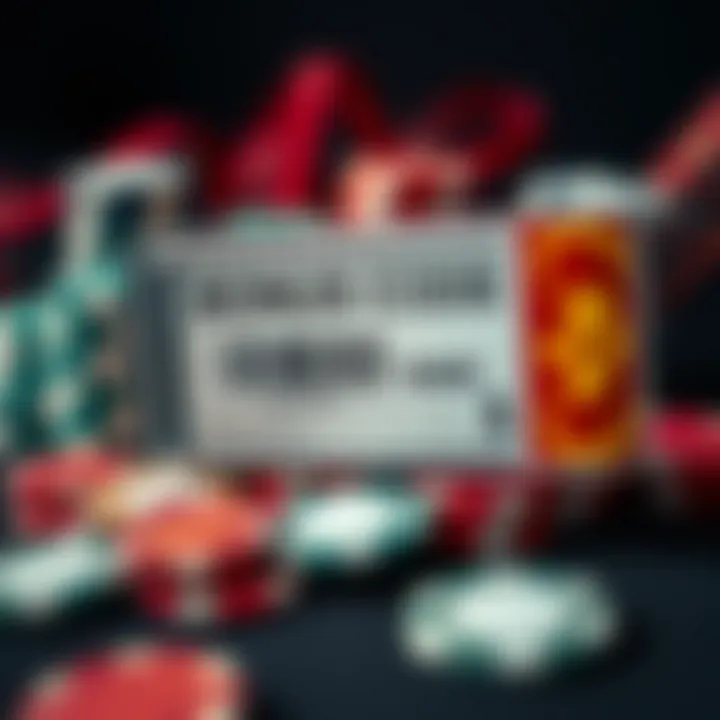 Graphic of a digital coupon displaying bonus code details with a background of casino tokens and chips