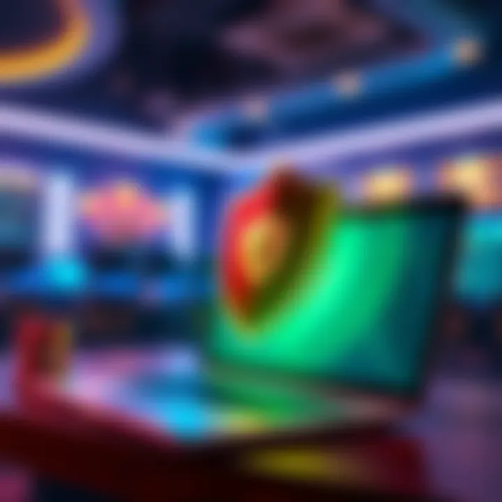 Illustration of a secure online casino environment with a shield and a laptop