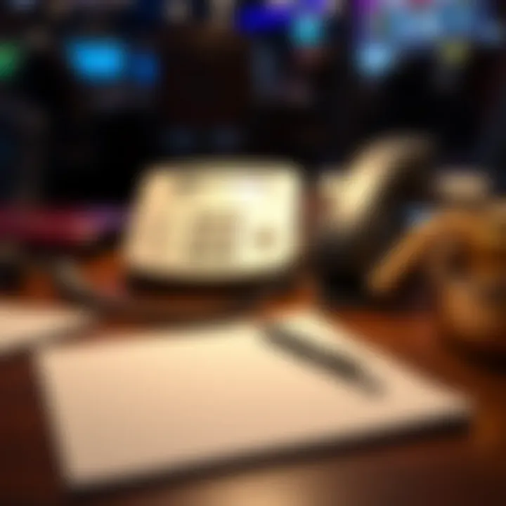 Desk with a telephone, notebook, and pen ready for making a call