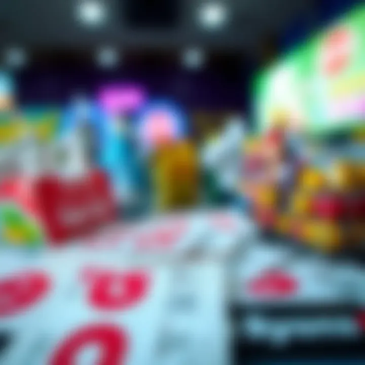 Illustration of a variety of discount coupons laid out with shopping items in the background