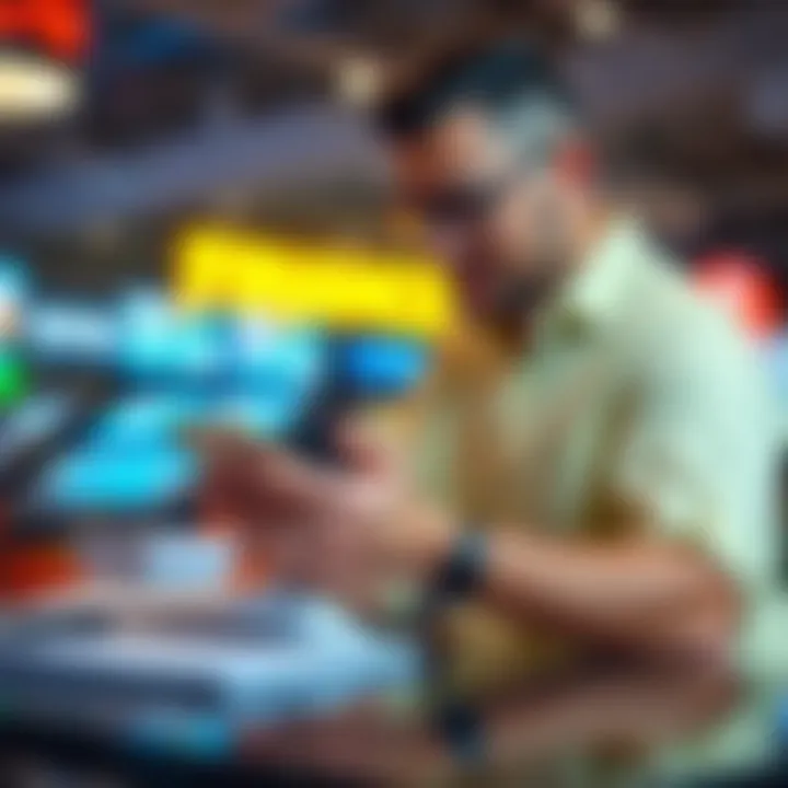 Customer reviewing loan options on a digital device with financial documents nearby