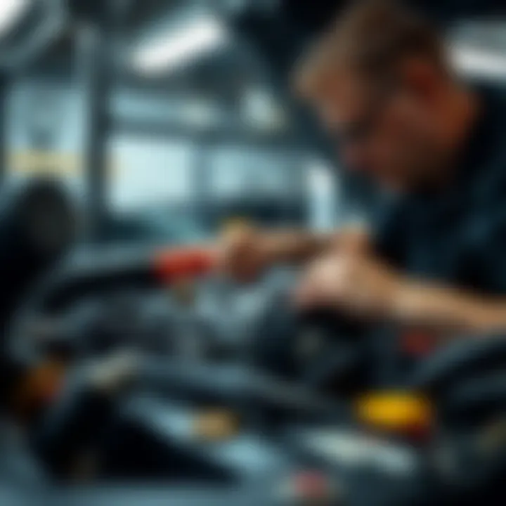 Technician performing maintenance on a Ford ute transmission in a professional garage