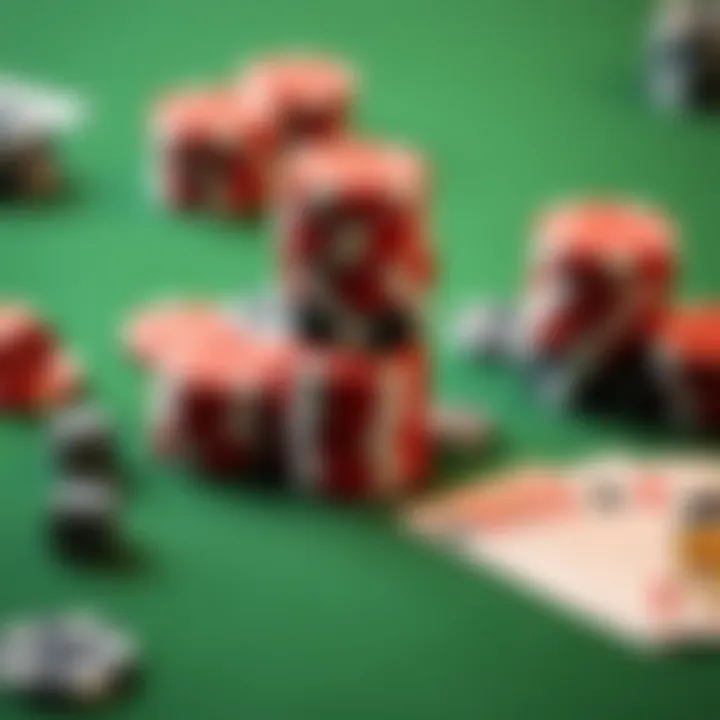 Casino chips stacked with playing cards and dice on a green felt table