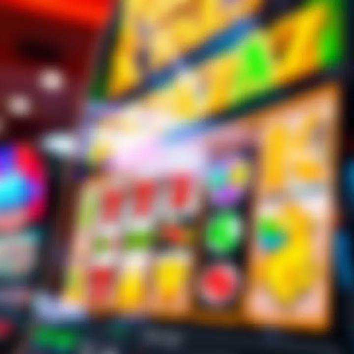 Colorful digital slot machine reels showcasing various symbols and jackpots