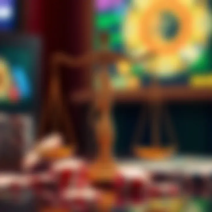 Graphic depicting legal scales balancing online gambling with responsible gaming symbols