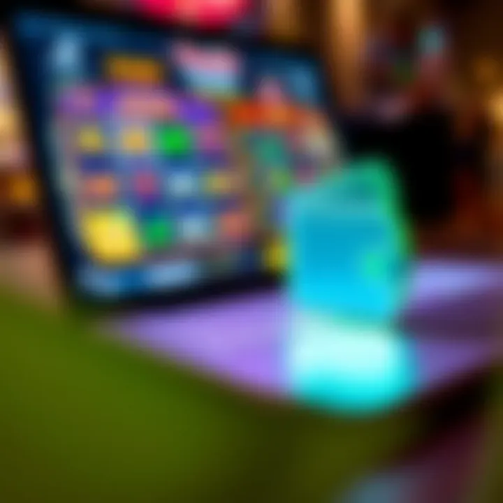 Colorful pokies game interface on a laptop screen alongside a digital wallet icon representing fast and convenient PayID transactions