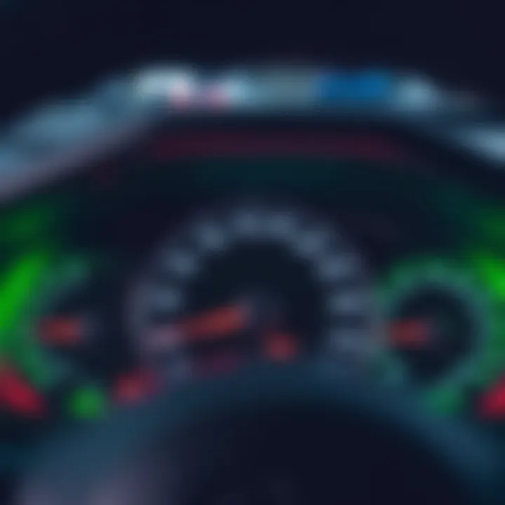 Car dashboard showing a speedometer and green safety indicator lights