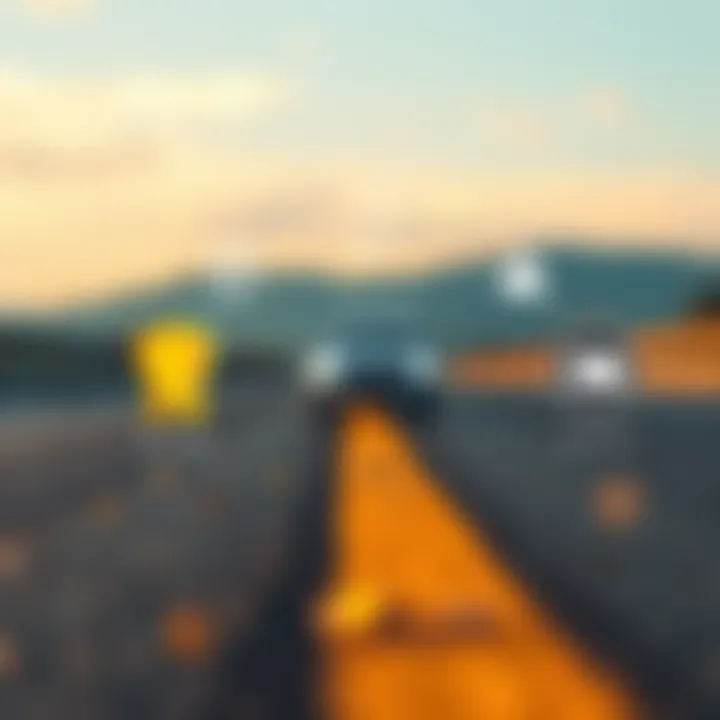 Illustration of a car on a clear road with icons representing rewards and protection