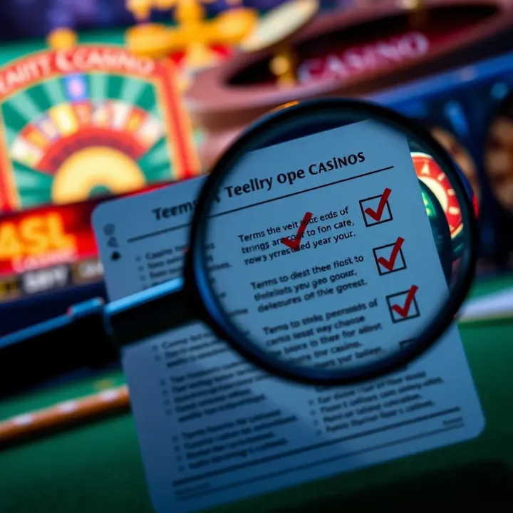 Graphic showing a checklist and magnifying glass over terms and conditions of casino bonuses