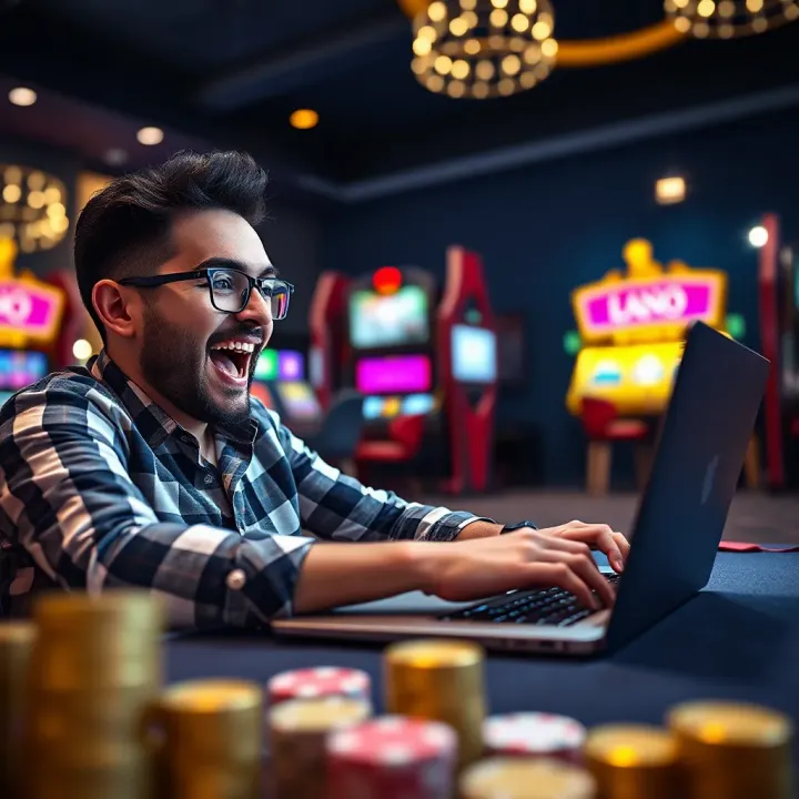 Excited player using a laptop to access exclusive Fair Go Casino bonus offers