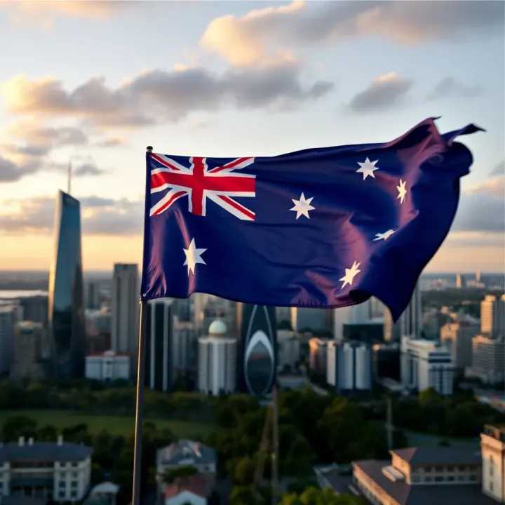 Unity and Citizenship in Australia Australian flag waving over a diverse skyline of city buildings symbolizing unity and citizenship