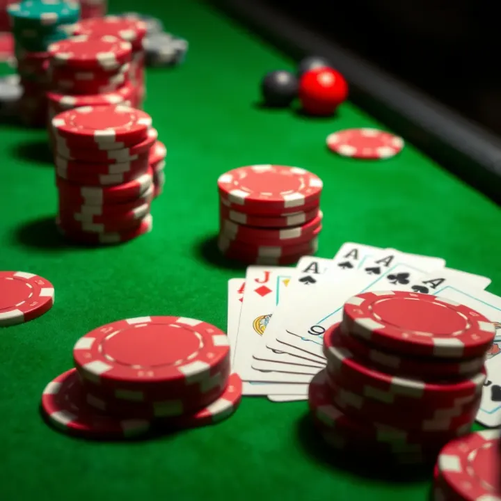Colorful casino chips and playing cards on a green felt table symbolizing online casino bonuses