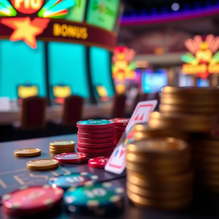 Colorful digital tokens and coins highlighting online casino bonus rewards