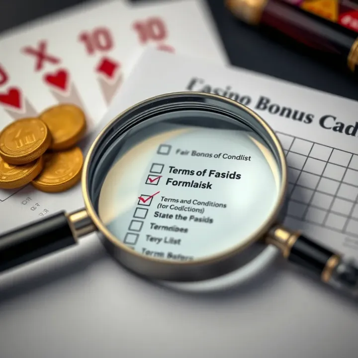 Checklist and magnifying glass illustrating key terms and conditions for casino bonuses