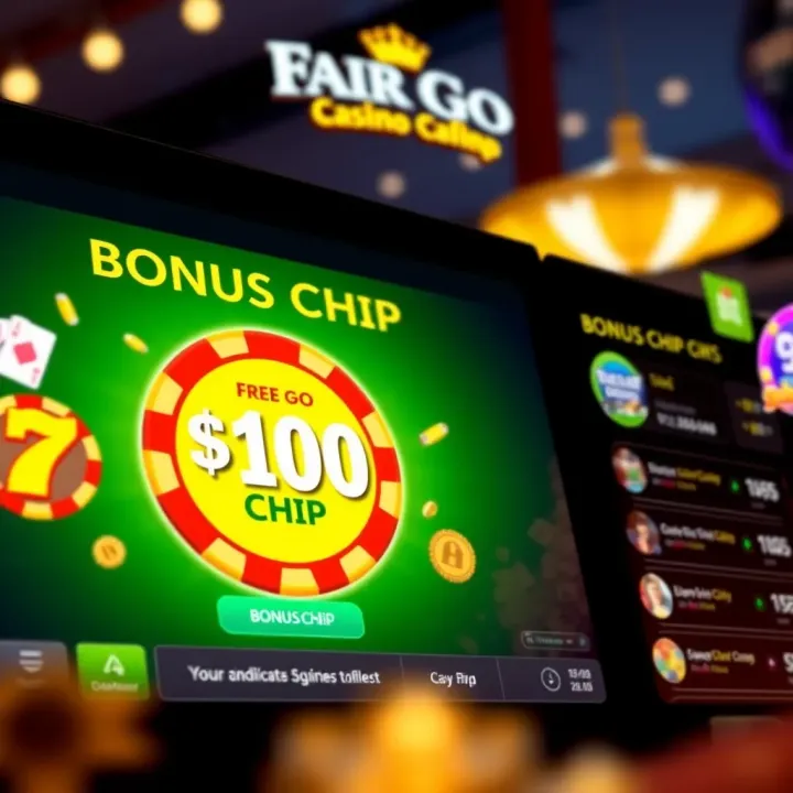 Digital casino interface showing a prominent bonus chip offer without requiring deposit