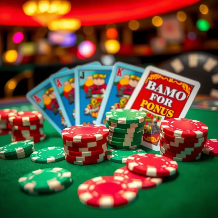 Colorful casino chips and cards representing bonus rewards