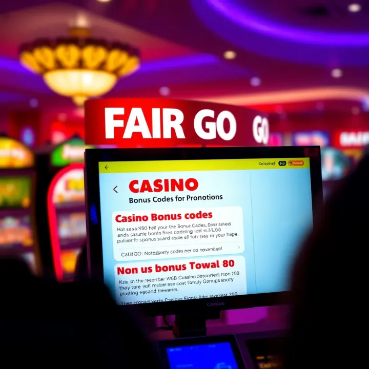 Digital screen displaying casino bonus codes and promotional details for player rewards