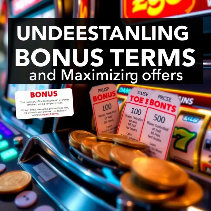 Graphic showing a slot machine with coins and promotional tags representing bonus terms and conditions