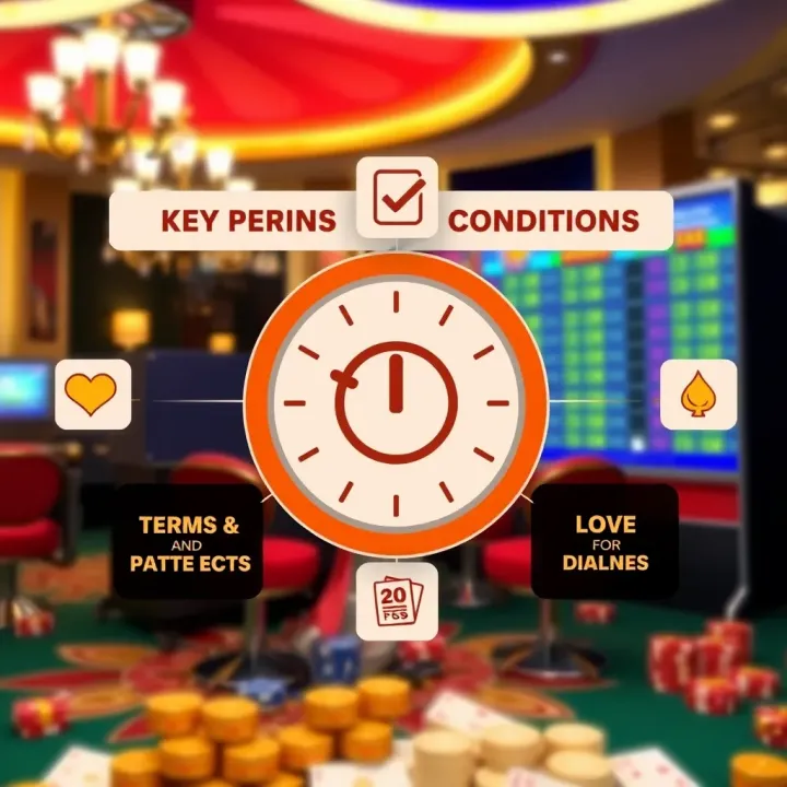 Diagram showing key terms and conditions icons like a checklist and clock for casino bonus usage
