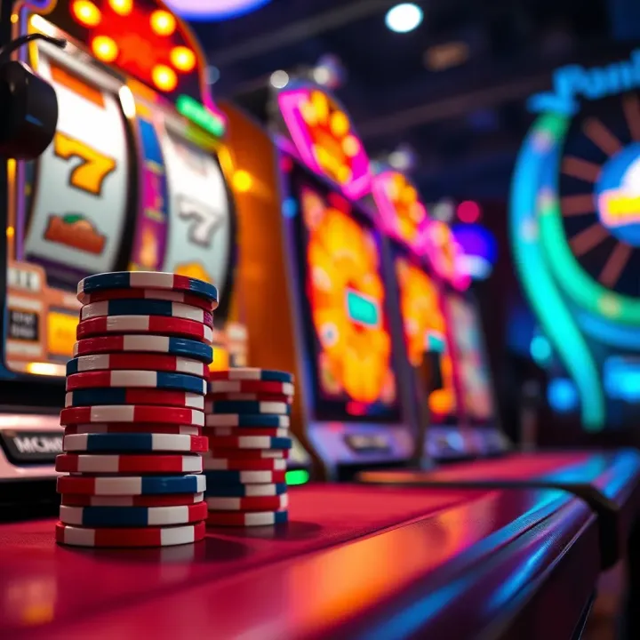 Colorful casino chips stacked beside a spinning slot machine reel