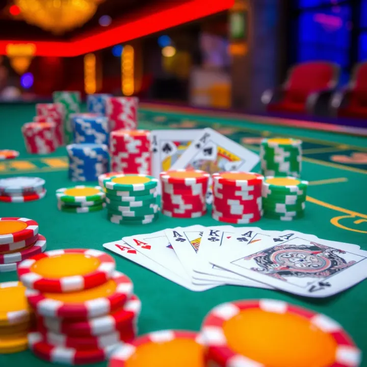 Colorful casino chips and playing cards arranged on a gaming table