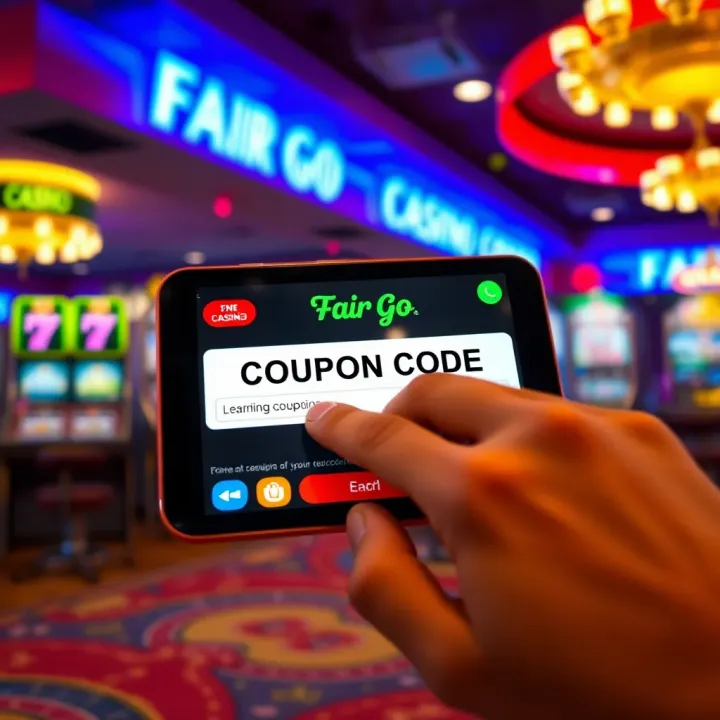 Illustration of a casino coupon code being entered on a digital device with casino elements in the background