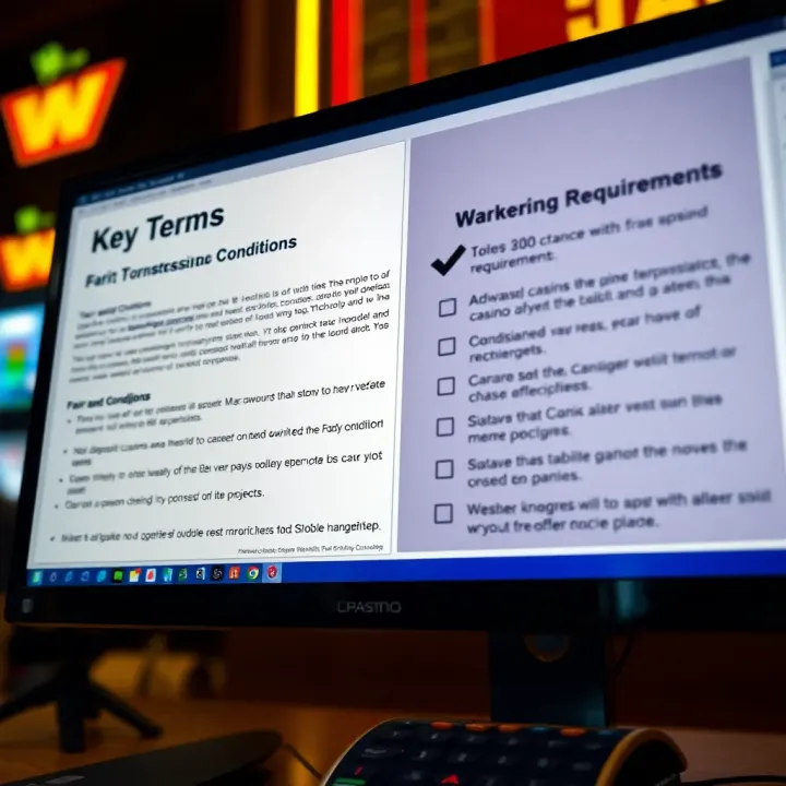 Key Terms and Restrictions for Fair Go Casino Coupons Illustration of a computer screen displaying casino terms and conditions alongside a checklist highlighting wagering requirements