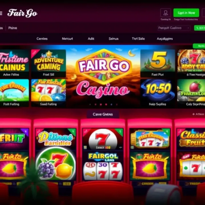 Colorful online casino interface showcasing a variety of slot games themed around adventure and classic fruit machines