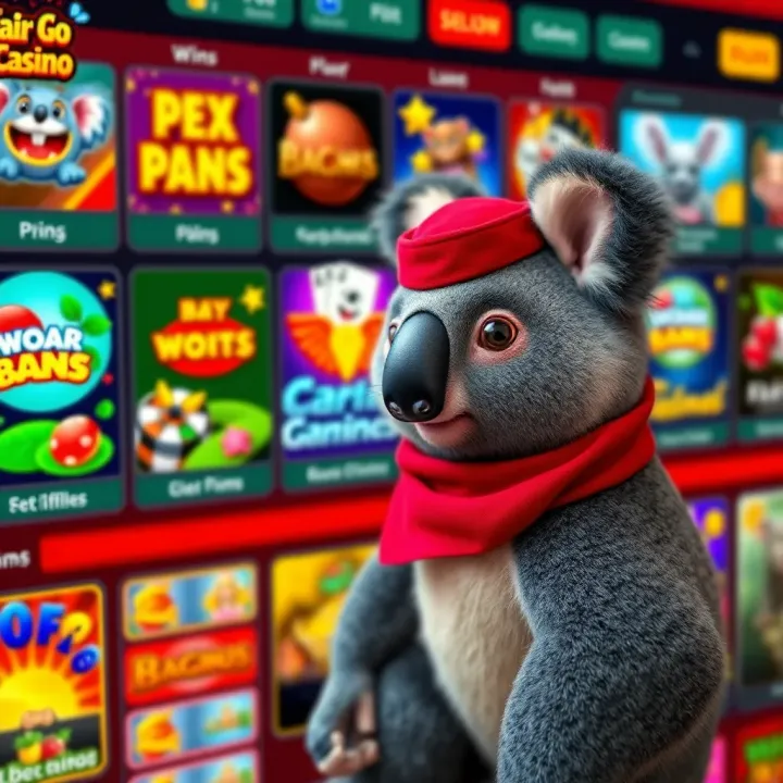Colorful online casino interface showcasing various game icons including pokies and card games