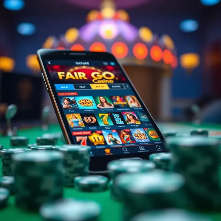 Android smartphone displaying Fair Go Casino app interface with vibrant game icons and navigation menu