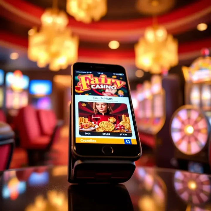 Smartphone showing Fair Go Casino promotions and bonus rewards on screen
