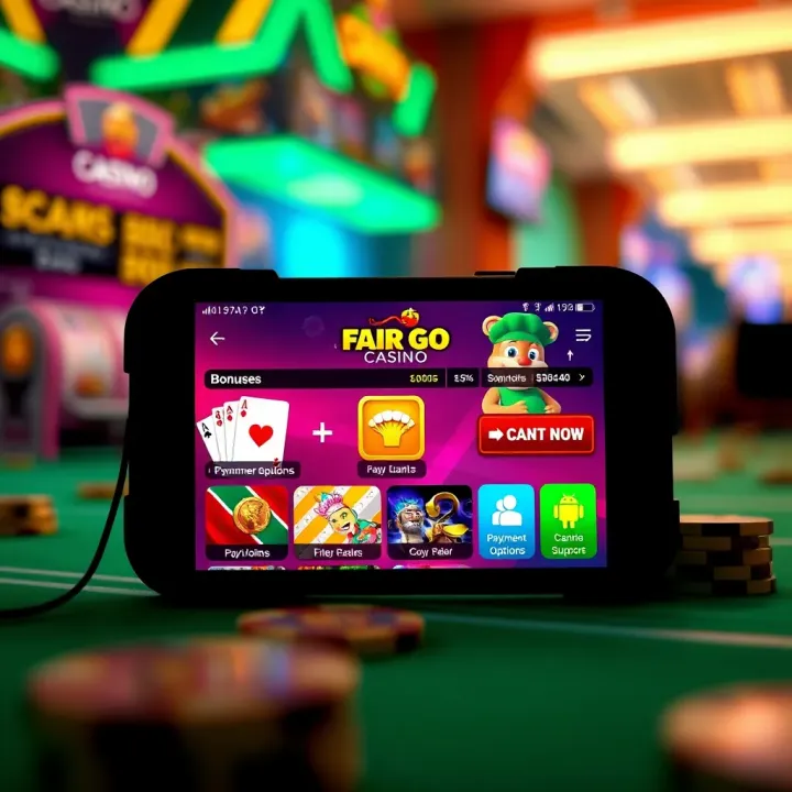 Fair Go Casino Mobile Experience and Features Mobile phone displaying Fair Go Casino interface with icons for bonuses, payment options, and customer support