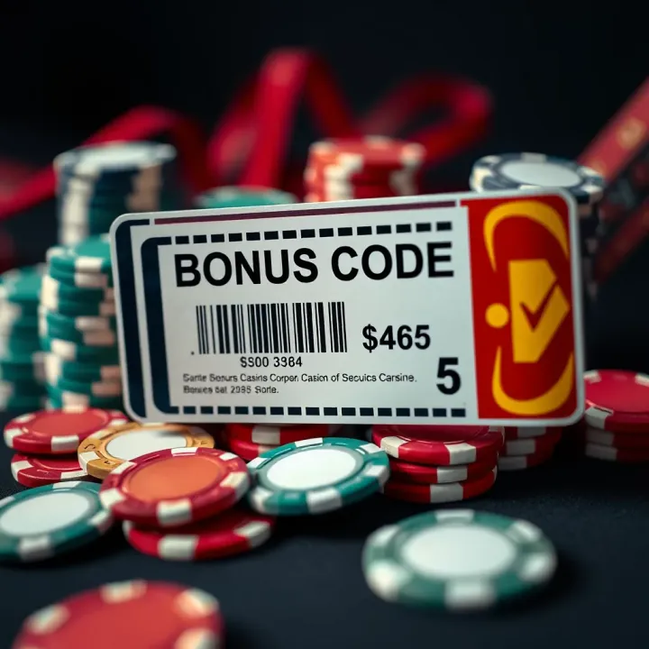 Digital Coupon Featuring Bonus Code Details and Casino Tokens Graphic of a digital coupon displaying bonus code details with a background of casino tokens and chips