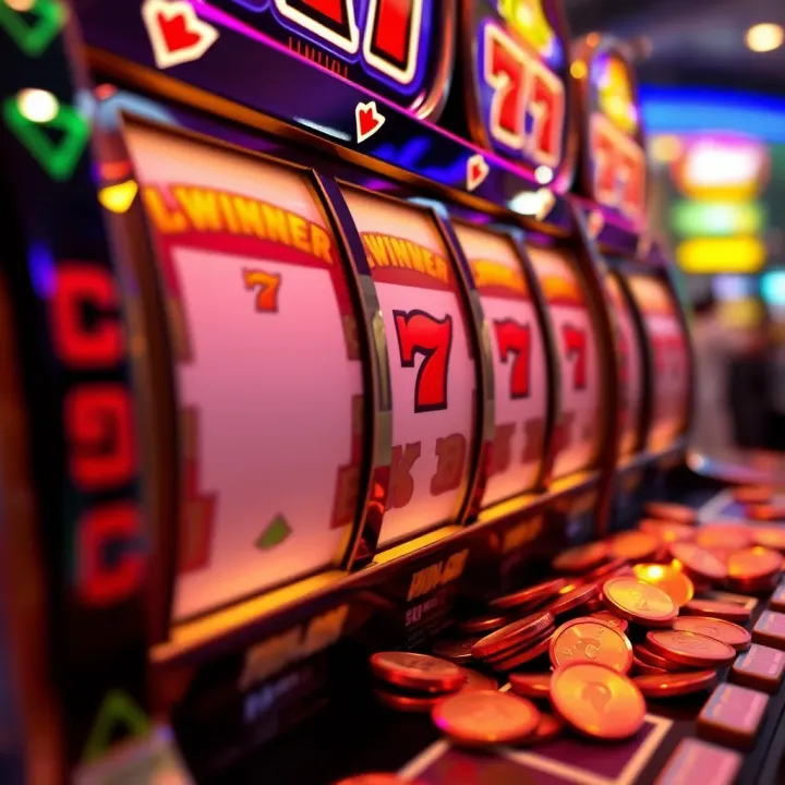 Slot machine reels showing a winning combination with coins spilling out