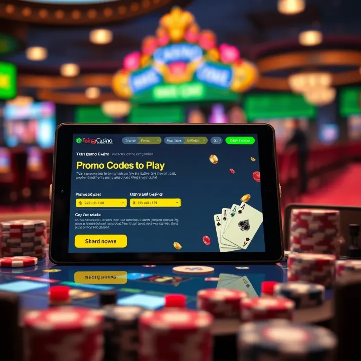 Casino-themed graphic illustrating the use of promo codes on a digital device for enhanced gaming experience