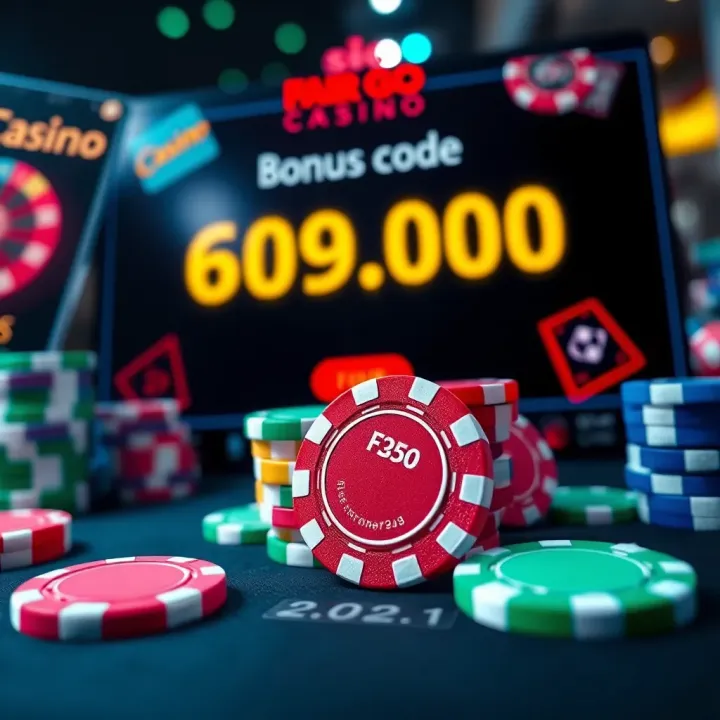 Colorful casino chips and a glowing bonus code on a digital screen
