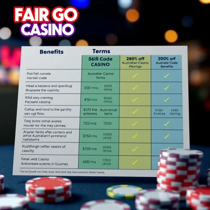 Fair Go Casino Promo Code Benefits and Market Comparison Comparison chart highlighting benefits and terms of Fair Go Casino promo against other Australian online casino offers
