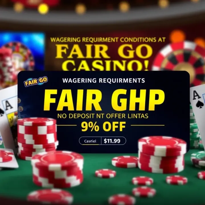 Graphic showing digital casino elements including chips, cards, and a promotional banner highlighting wagering requirements